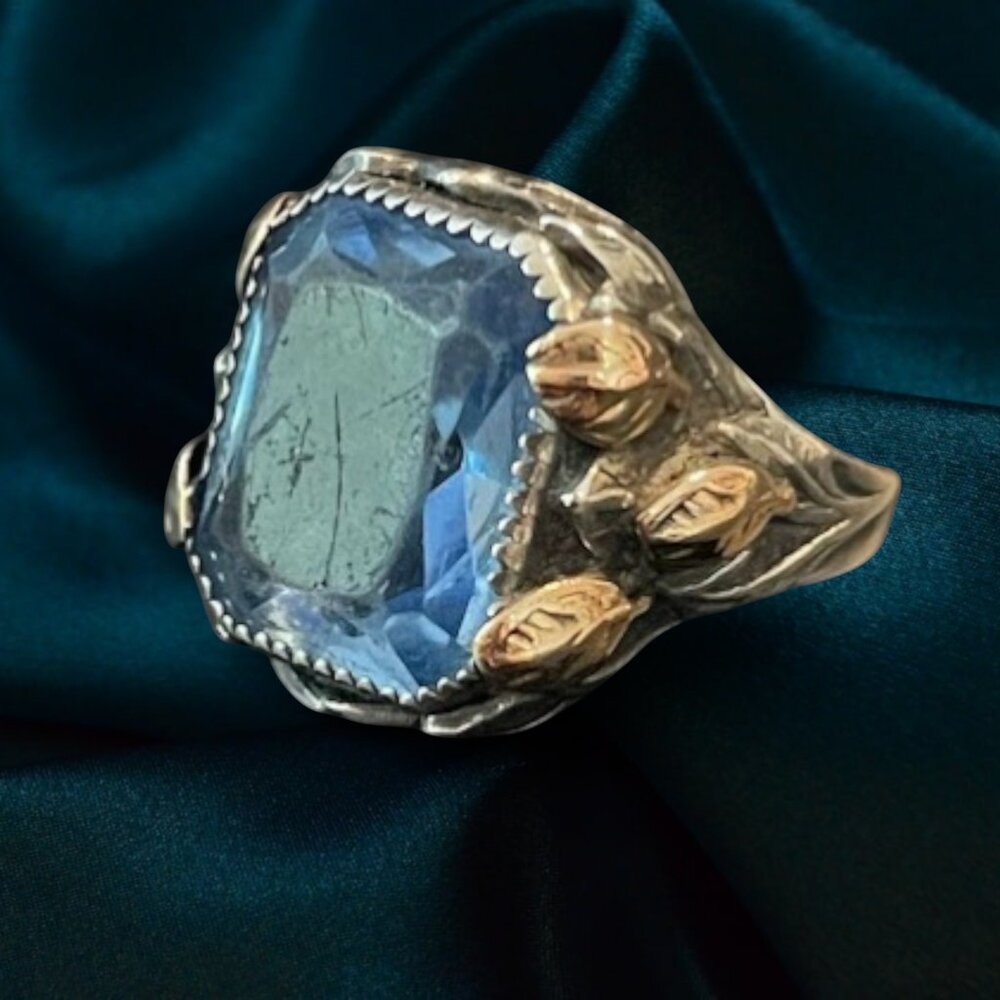 Antique Arts & Crafts Sterling Silver Blue Glass Ring Leaves SZ 5.5